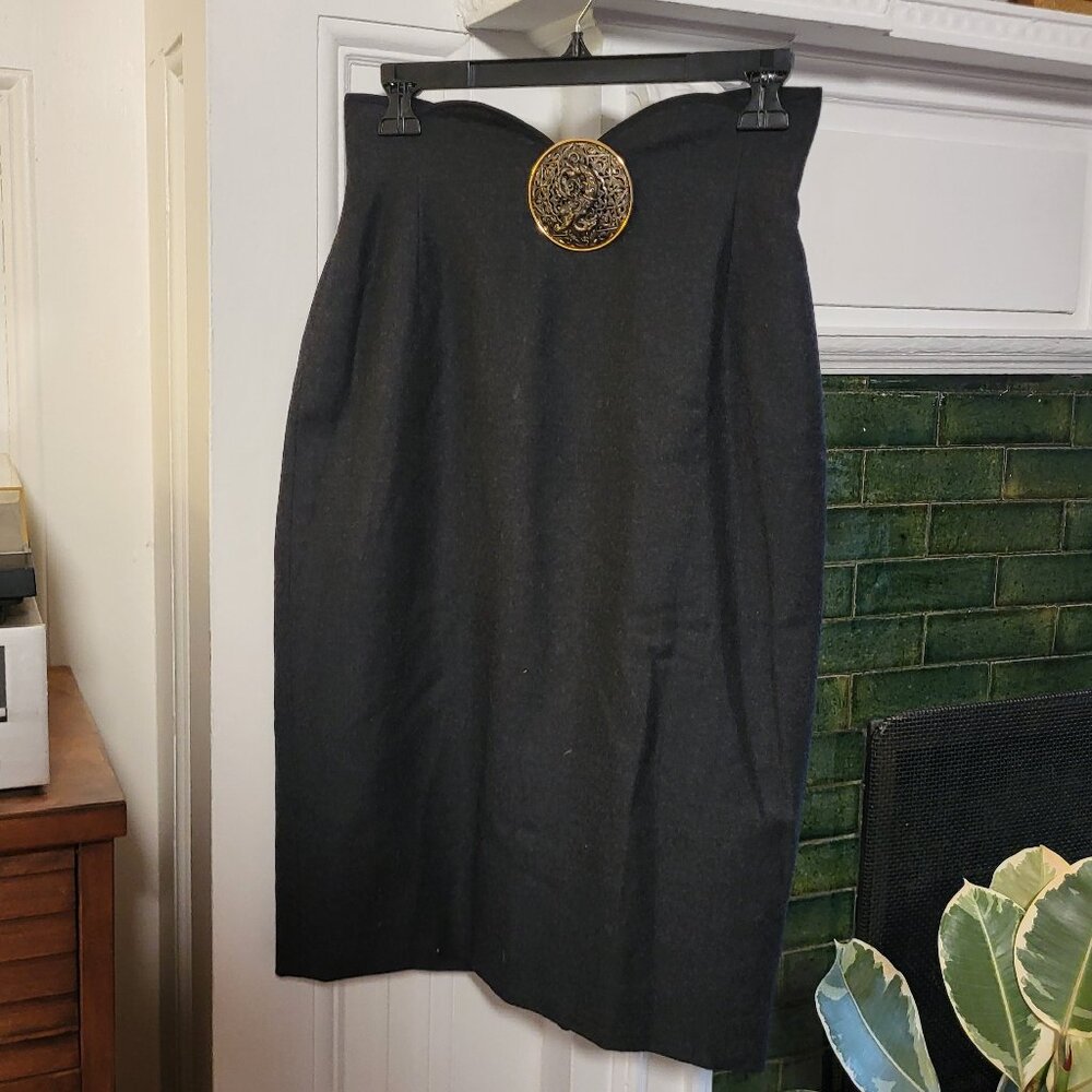 Gianfranco Ferré Charcoal Gray Pencil Skirt with Ornate Buckle